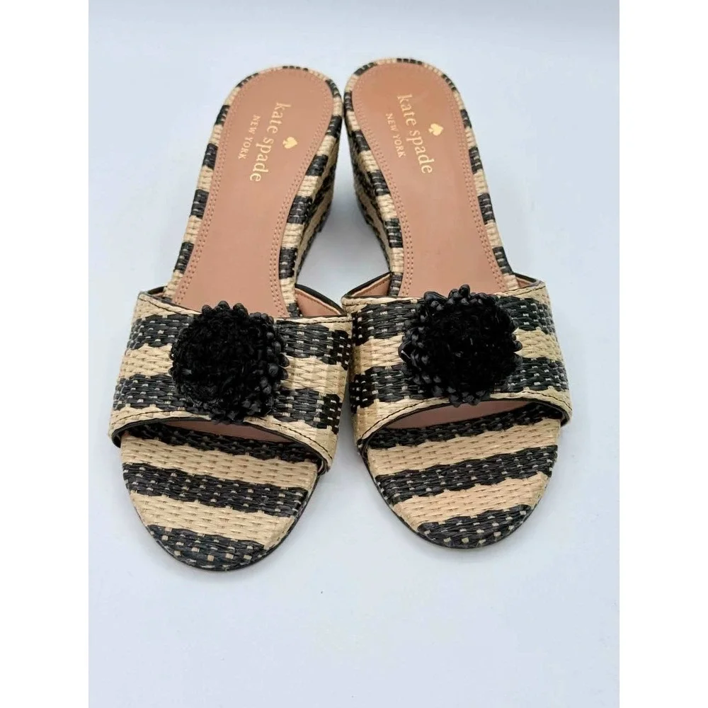 Kate Spade New York Seville Raffia Wedge Mule Sandals Black Natural Striped 7.5